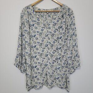 Rose + Olive Button Front Floral Blouse Sz 2X Smocking Detail 3/4 Sleeves Office